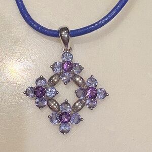 14K Gold Tanzanite & Amethyst Flower  Necklace on Blue Cord w.Gold Clasp.